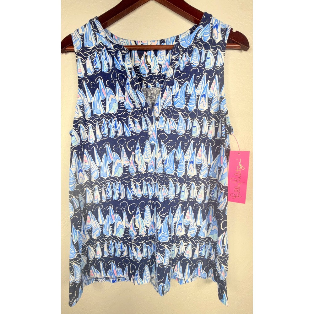 Lilly Pulitzer Dev Knit Top Low Tide Navy Sails and Stripes Sleeveless Tank L